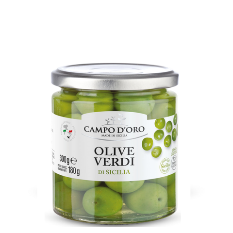 Grønne sicilianske oliven i glas